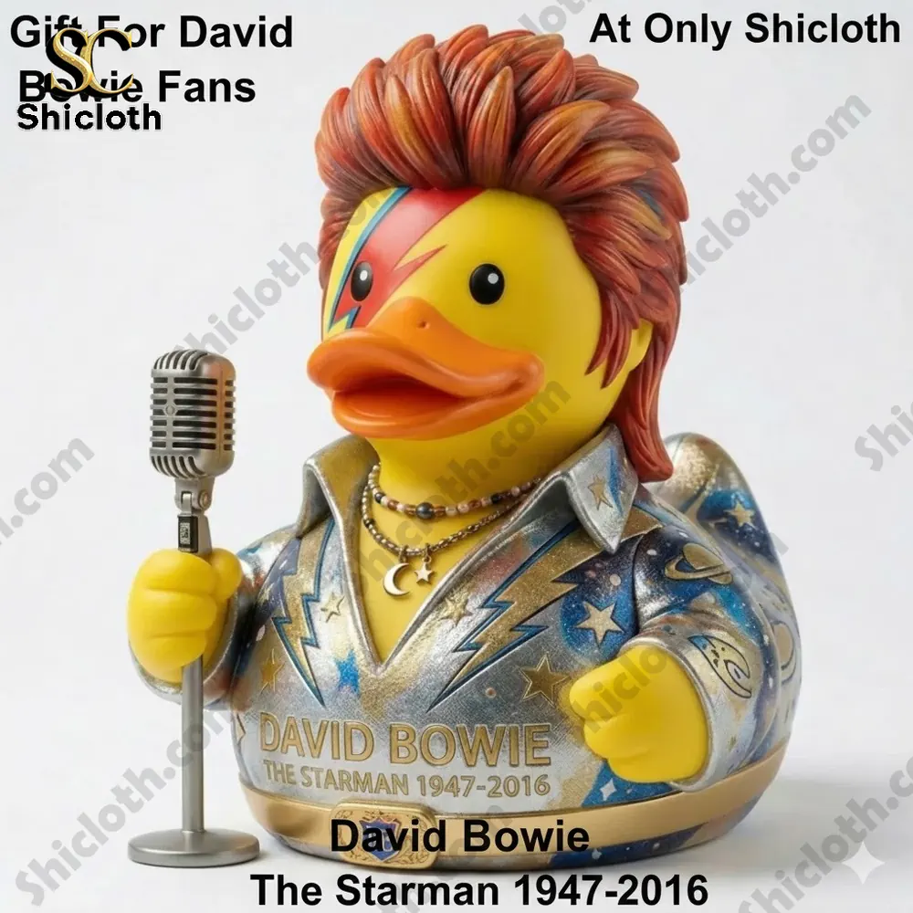 Yellow duck figure styled as David Bowie starman holding microphone wearing star themed suit by Shicloth!