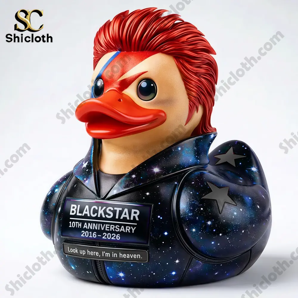 Red hair duck figure styled as David Bowie cosmic black star era wearing galaxy suit by Shicloth!