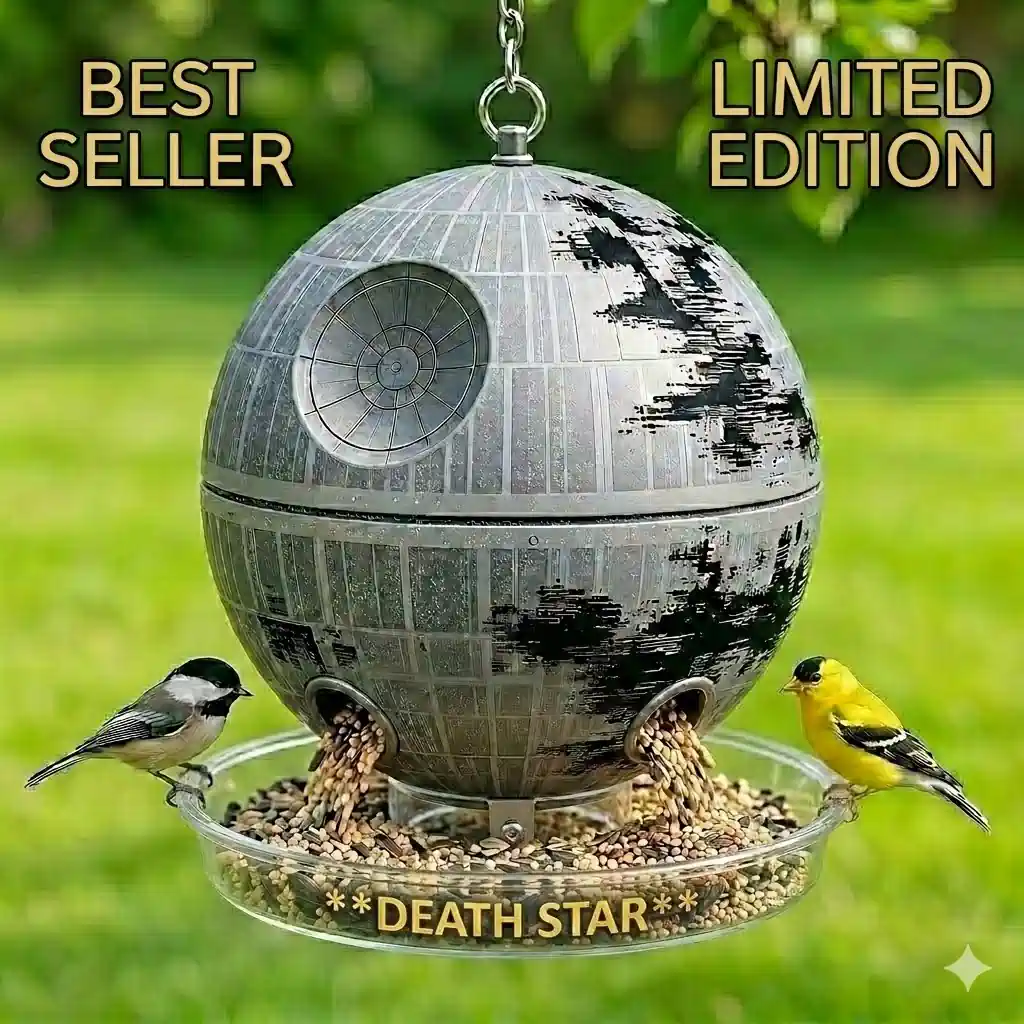 Death Star bird feeder hanging in garden with birds eating seeds!