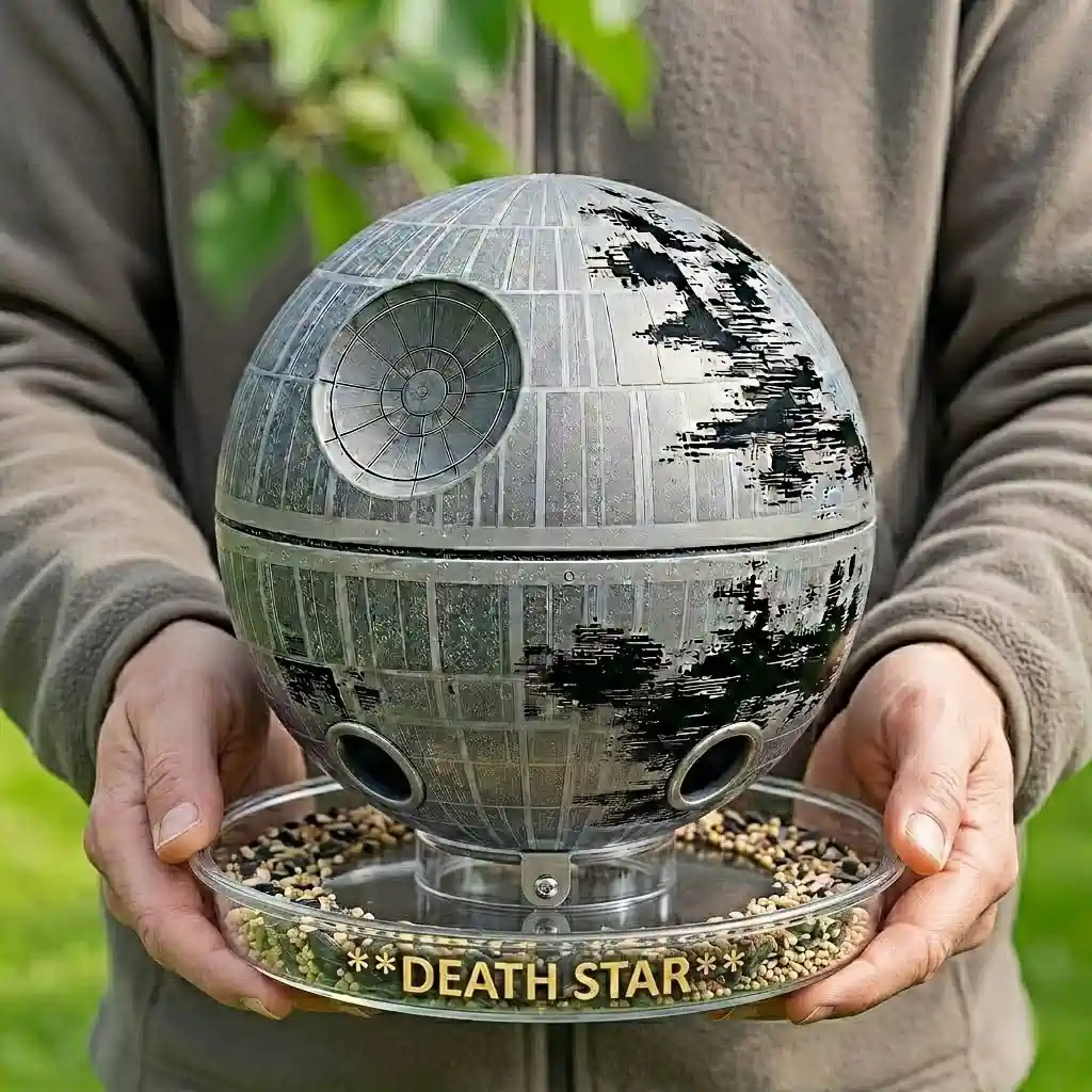 Person holding Death Star bird feeder filled with seeds for garden birds!