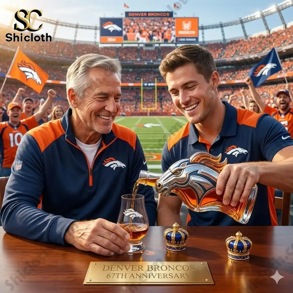 Two people celebrating with a Denver Broncos themed whiskey bottle in front of a stadium with fans in the background.