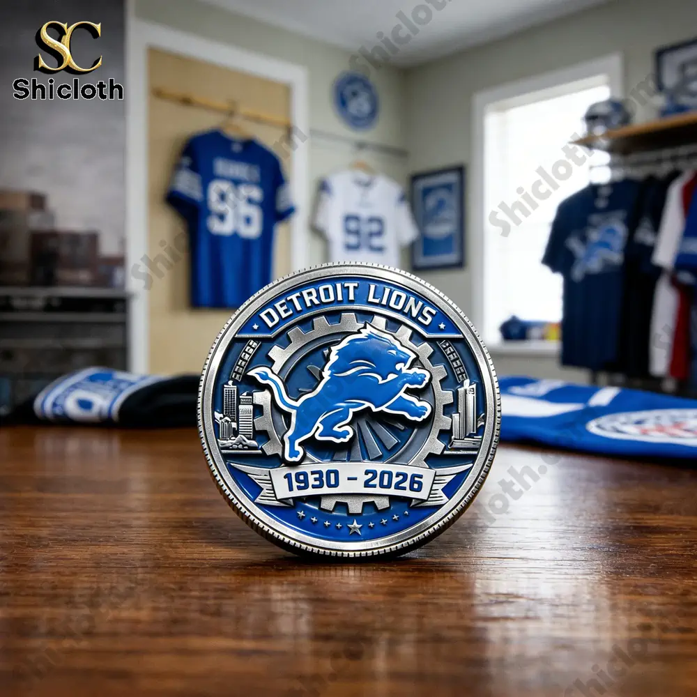 Detroit Lions anniversary commemorative coin front side displayed on wooden table in fan room!