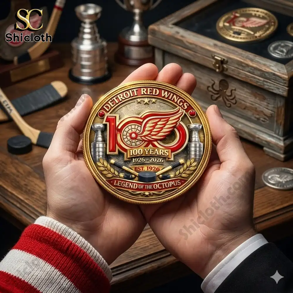 Detroit Red Wings 100 Years commemorative coin held in hands with hockey memorabilia background!
