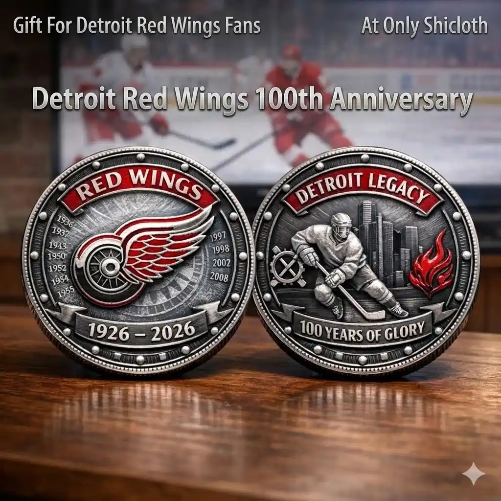 Detroit Red Wings centennial commemorative coin showing both sides on wooden table with hockey game background!