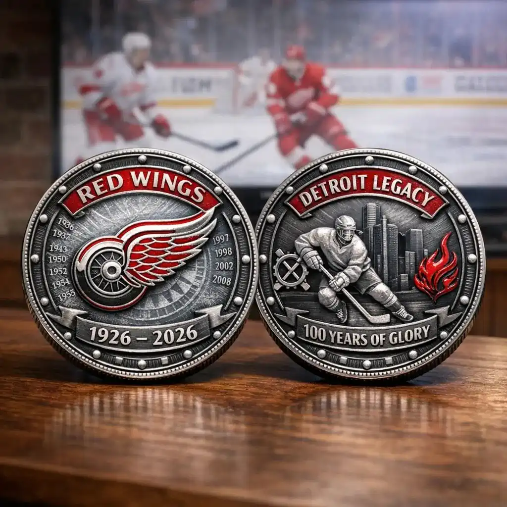 Detroit Red Wings centennial commemorative coin front and back displayed on wooden table with hockey arena background!