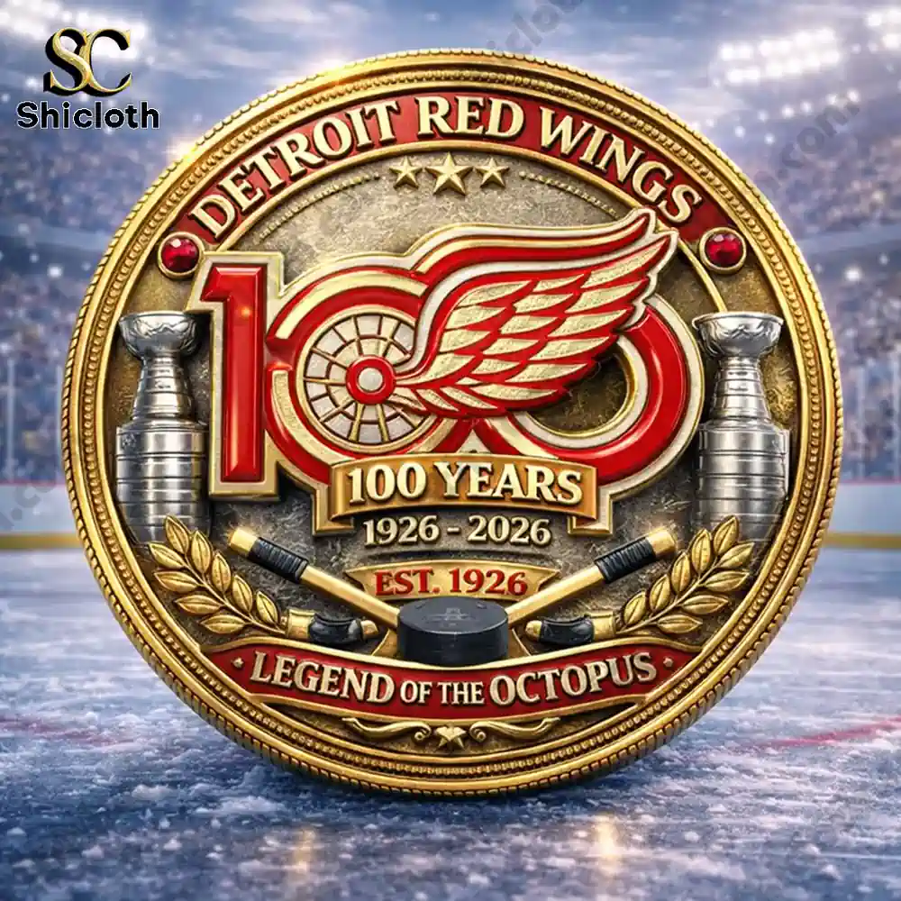 Detroit Red Wings 100 Years commemorative coin front design on ice rink background!