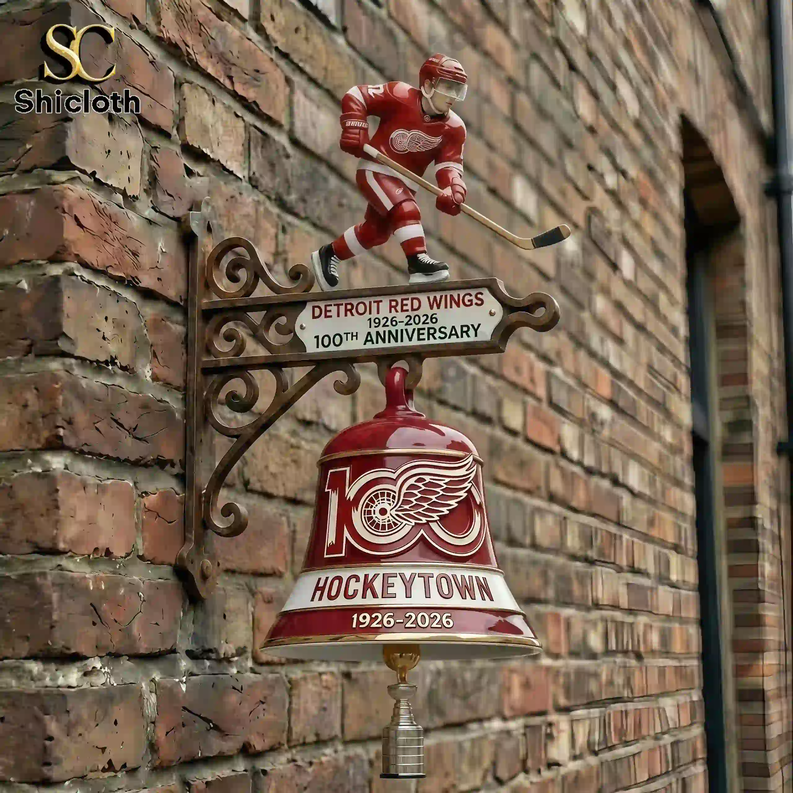 Detroit Red Wings HockeyTown 100th Anniversary commemorative bell mounted on brick wall!
