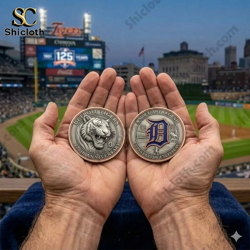 Two Detroit Tigers commemorative coins displayed in hands at a baseball stadium background!