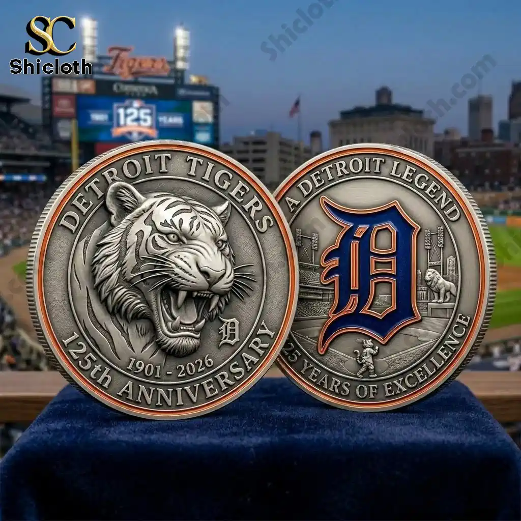 Close up view of Detroit Tigers anniversary commemorative coin with detailed tiger and team emblem!