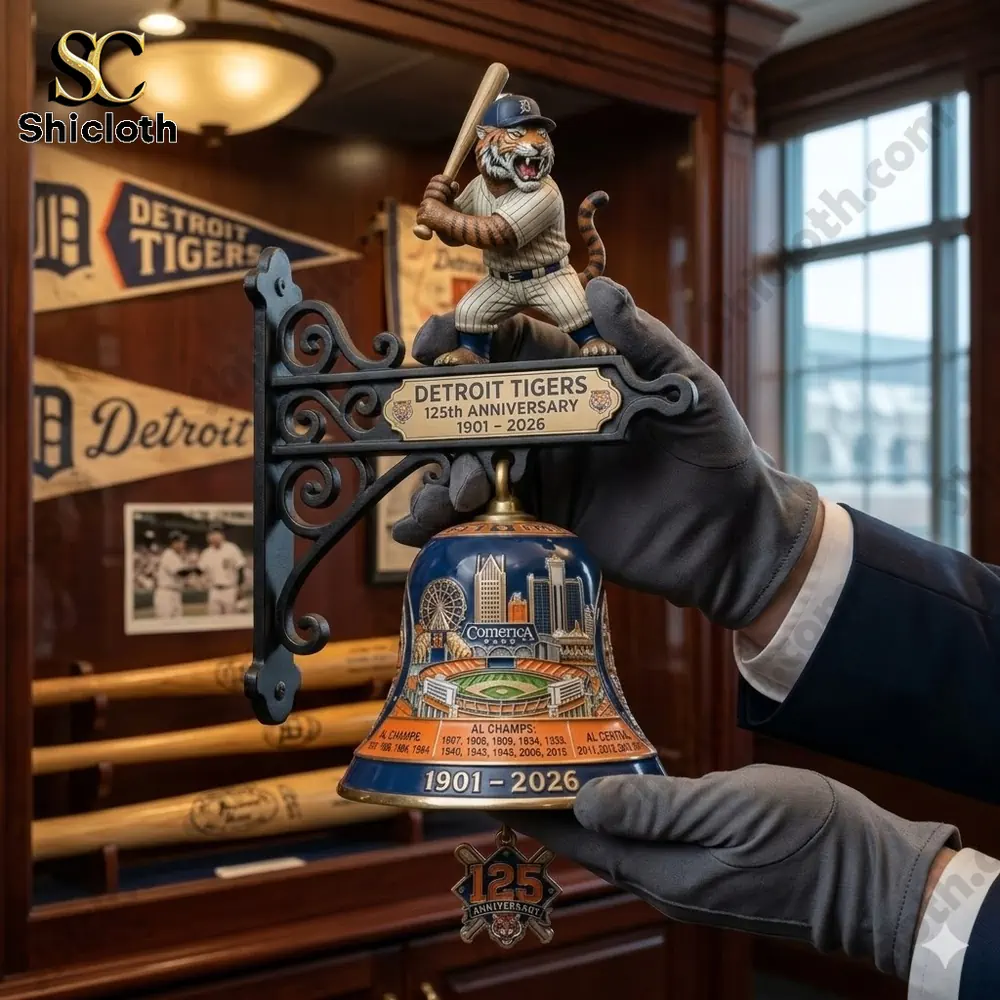 Detroit Tigers 125th Anniversary wall bell doorbell with tiger baseball figure and stadium artwork!