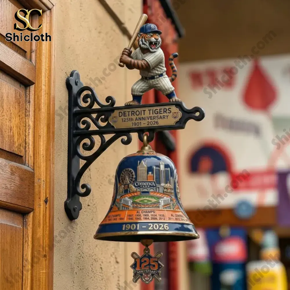 Detroit Tigers 125th Anniversary wall bell doorbell mounted beside a wooden door entrance!
