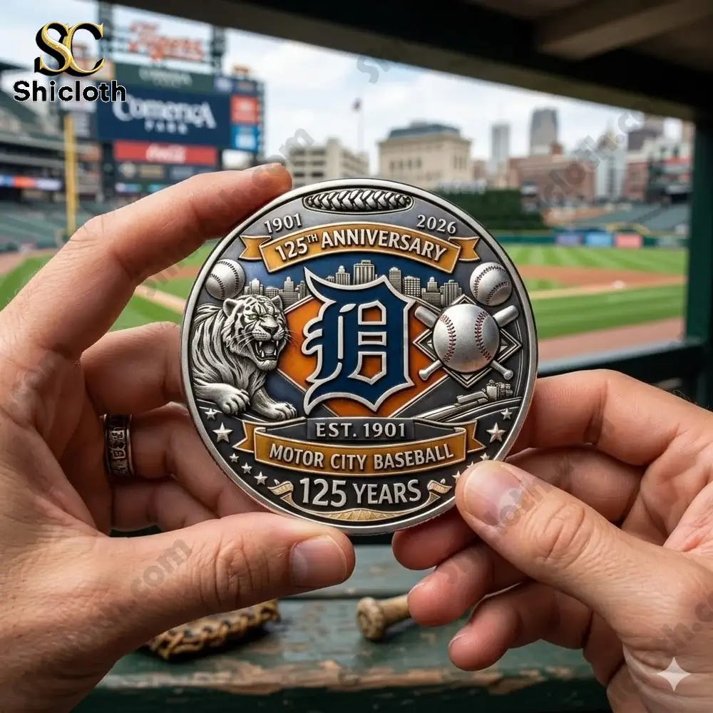 detroit tigers anniversary challenge coin held in hands at baseball stadium background!