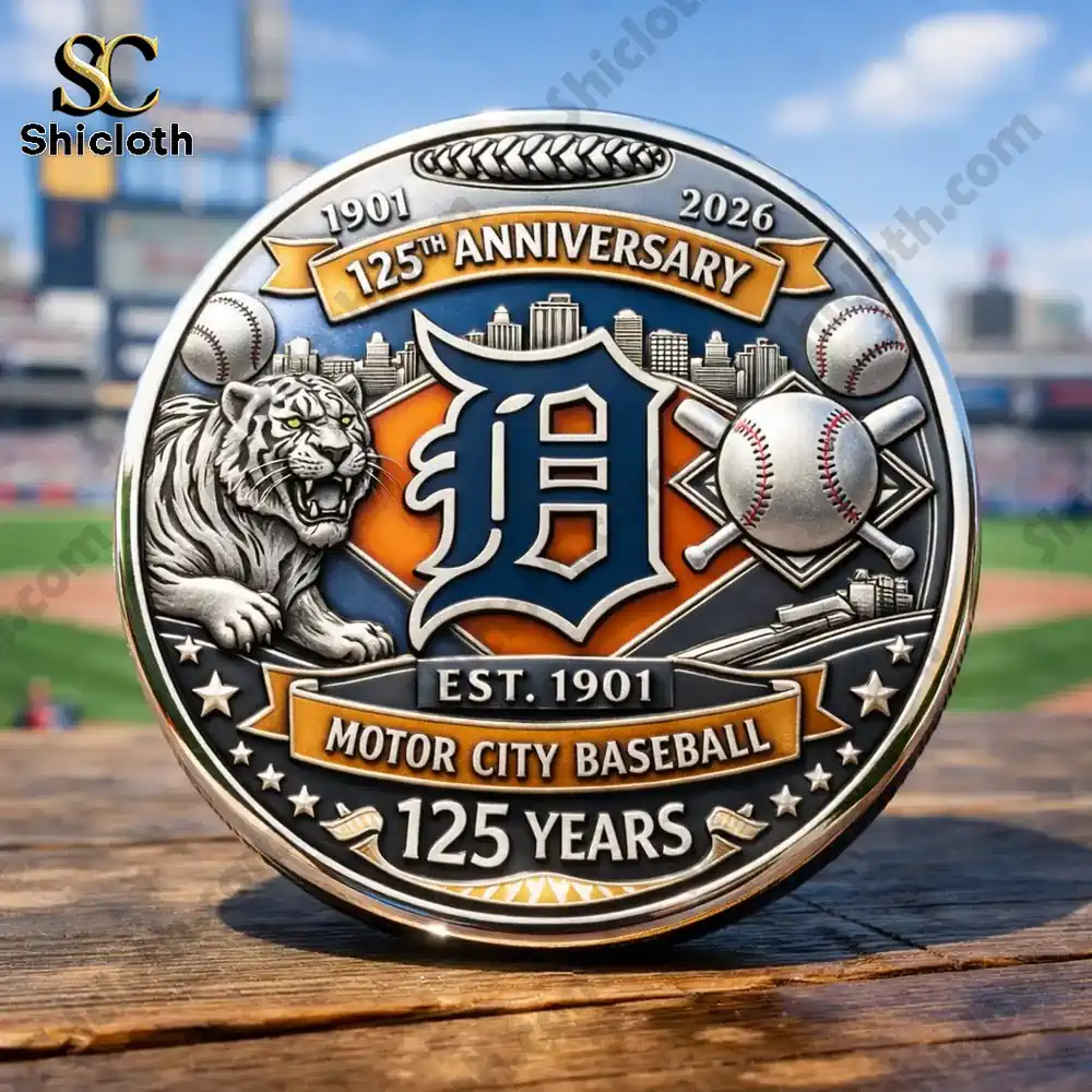 detroit tigers anniversary challenge coin displayed on wooden table with baseball stadium background!