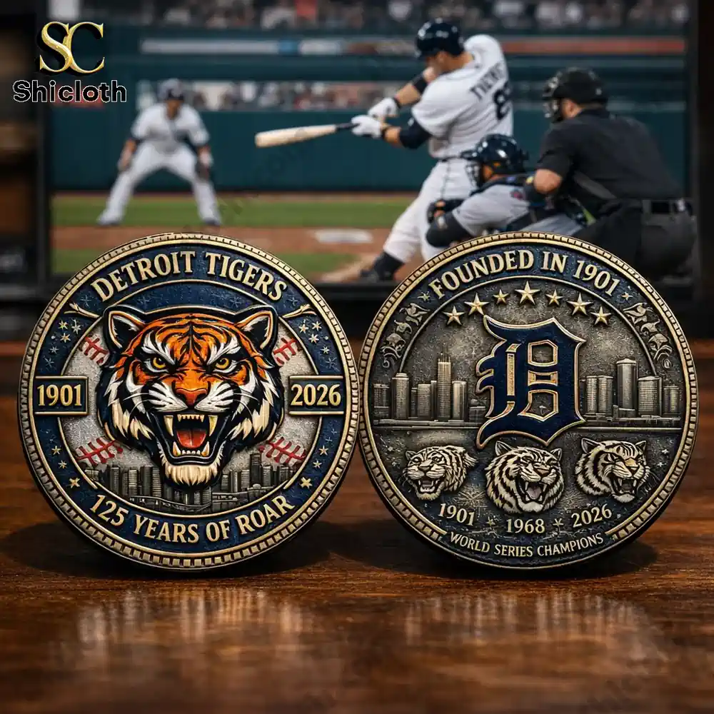 Detroit Tigers anniversary coin front and back with tiger emblem and team crest!