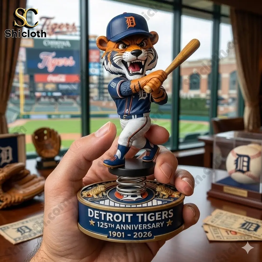 Detroit Tigers mascot tiger baseball player dashboard bobblehead held in hand with stadium background!
