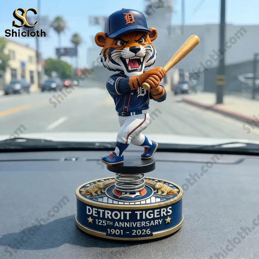 Detroit Tigers mascot tiger baseball player dashboard bobblehead standing on car dashboard on city street!