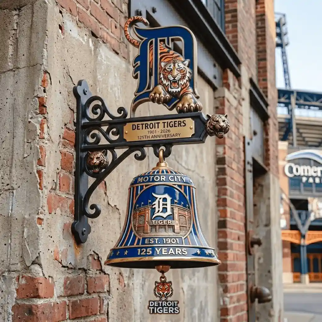 Detroit Tigers anniversary wall bell with tiger emblem and team logo hanging on brick wall!