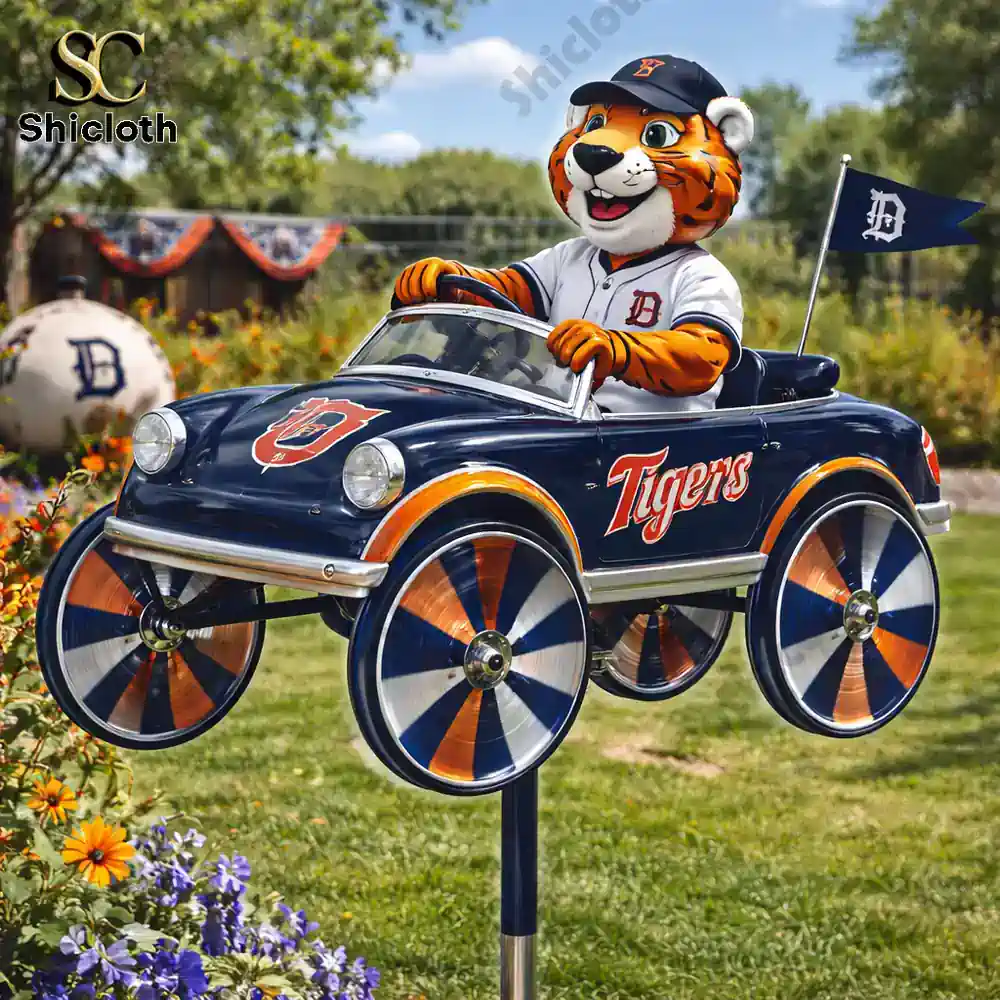 Tiger mascot driving a small car wind spinner in garden Detroit Tigers theme!