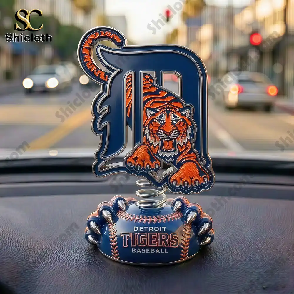 Detroit Tigers dashboard spring ornament with tiger logo on baseball base!