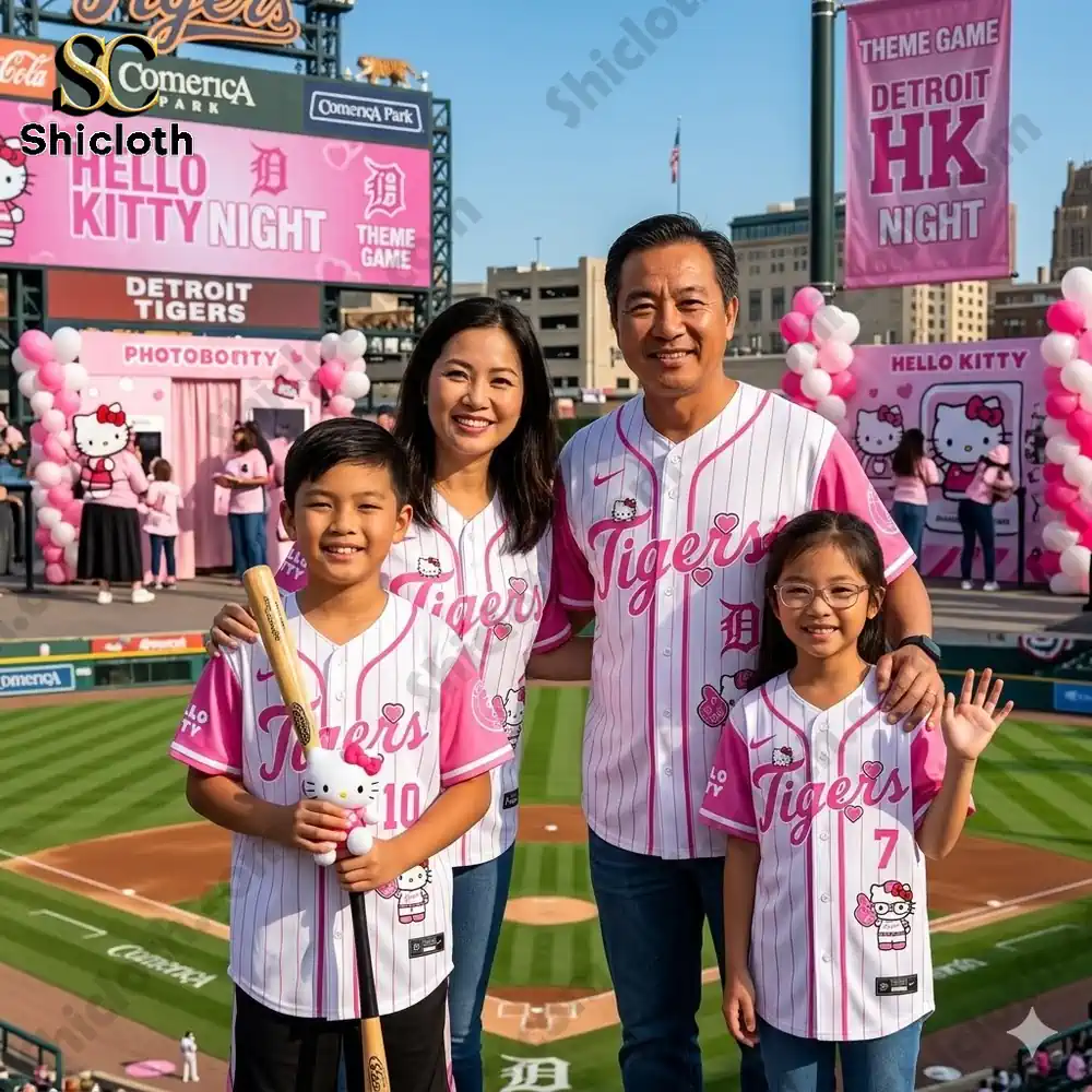 Family wearing Detroit Tigers Hello Kitty Night jersey at baseball stadium celebration!