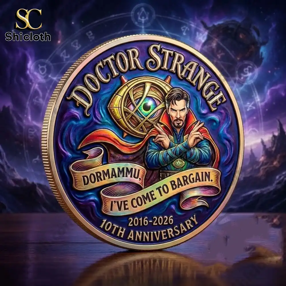 Doctor Strange anniversary coin standing upright with mystical background and engraved title!