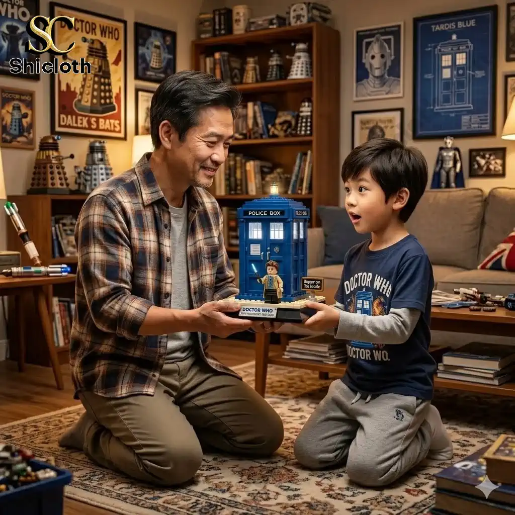 Father and son holding a blue Tardis brick model in a cozy living room filled with Doctor Who decor!