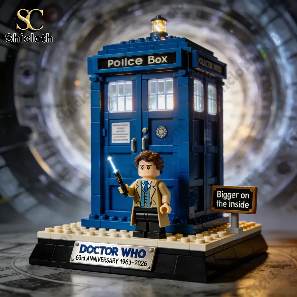 Close up of a blue Tardis brick model with a Doctor figure standing in front of it!