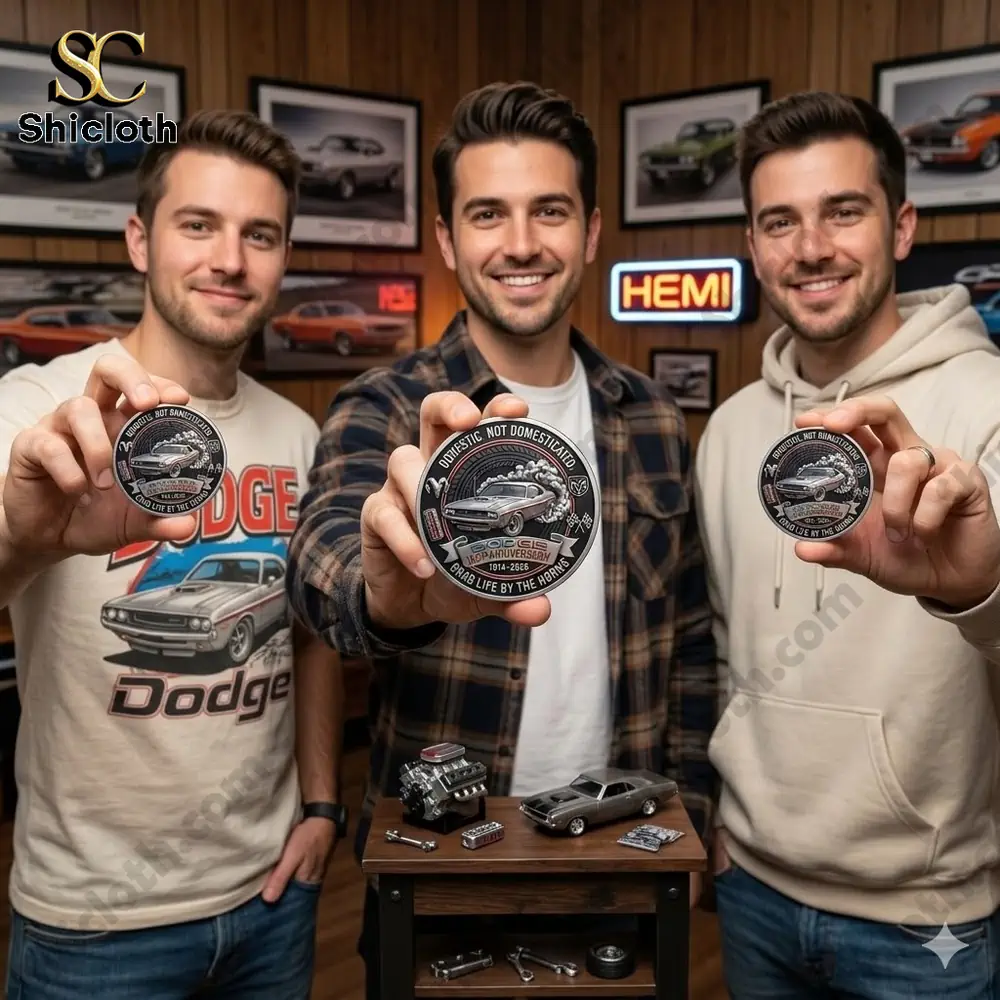 Three men presenting Dodge 112th Anniversary commemorative coin in a classic car themed studio!