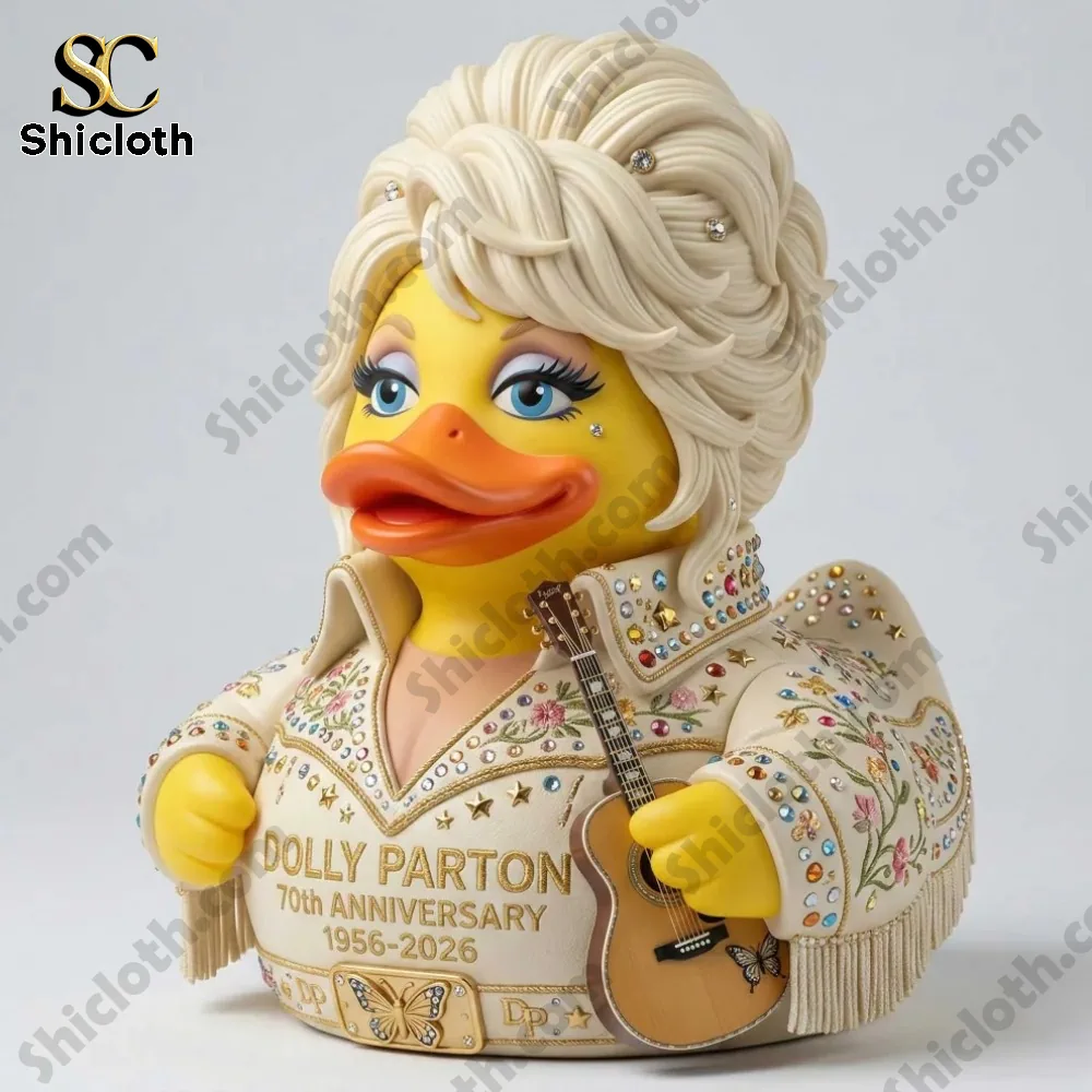 Dolly Parton themed duck collectible with blonde hair and guitar!