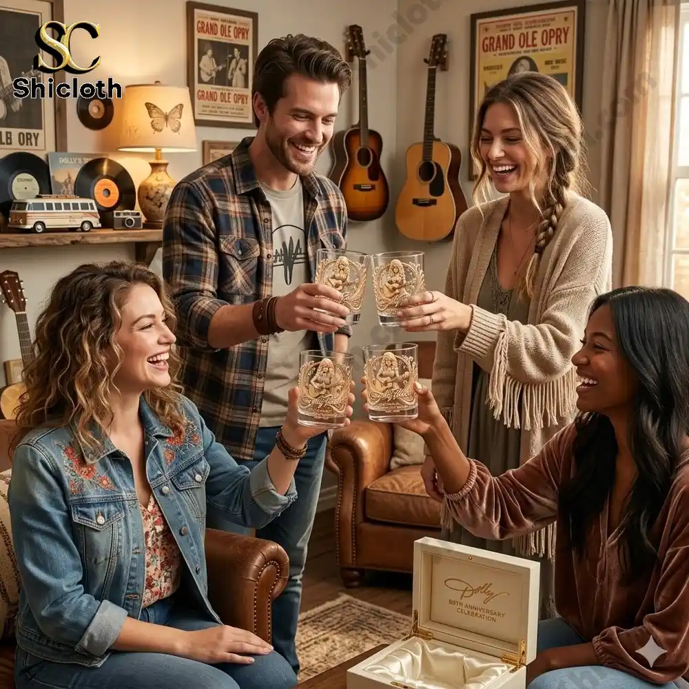 Friends celebrating together while holding Dolly Parton whiskey glass in a cozy country music themed living room!