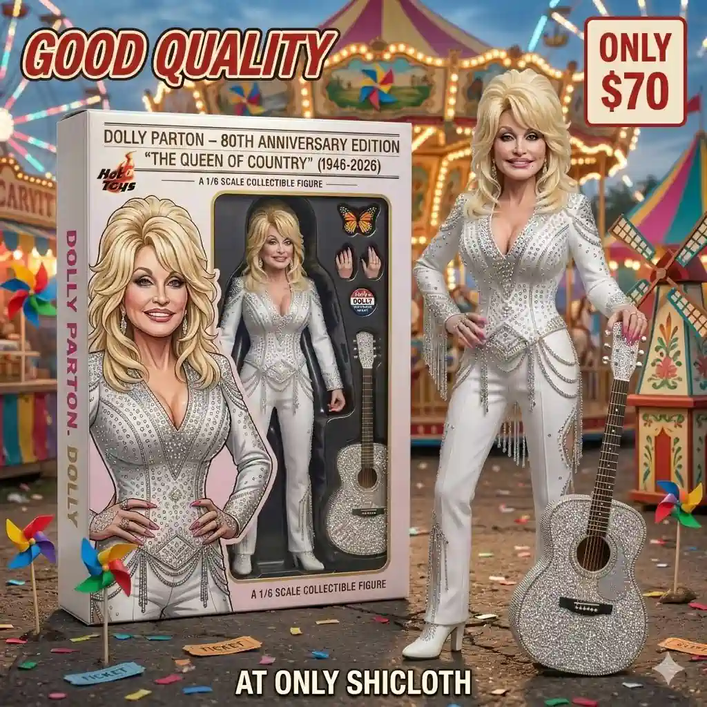 Dolly Parton collectible figure with guitar and box in carnival background
