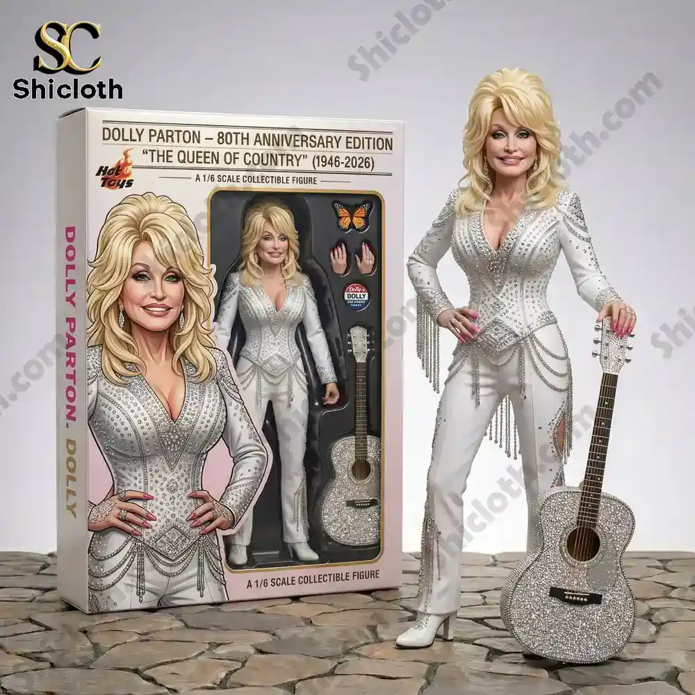 Dolly Parton 80th Anniversary Pop! Figure 3 Dolly Parton figure and box with sparkling guitar beside