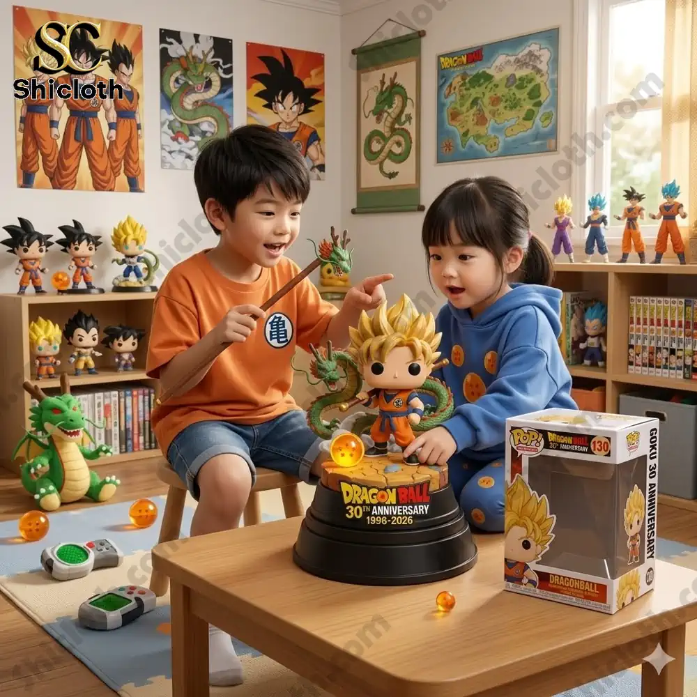 children playing with dragon ball goku anniversary collector figure on table!