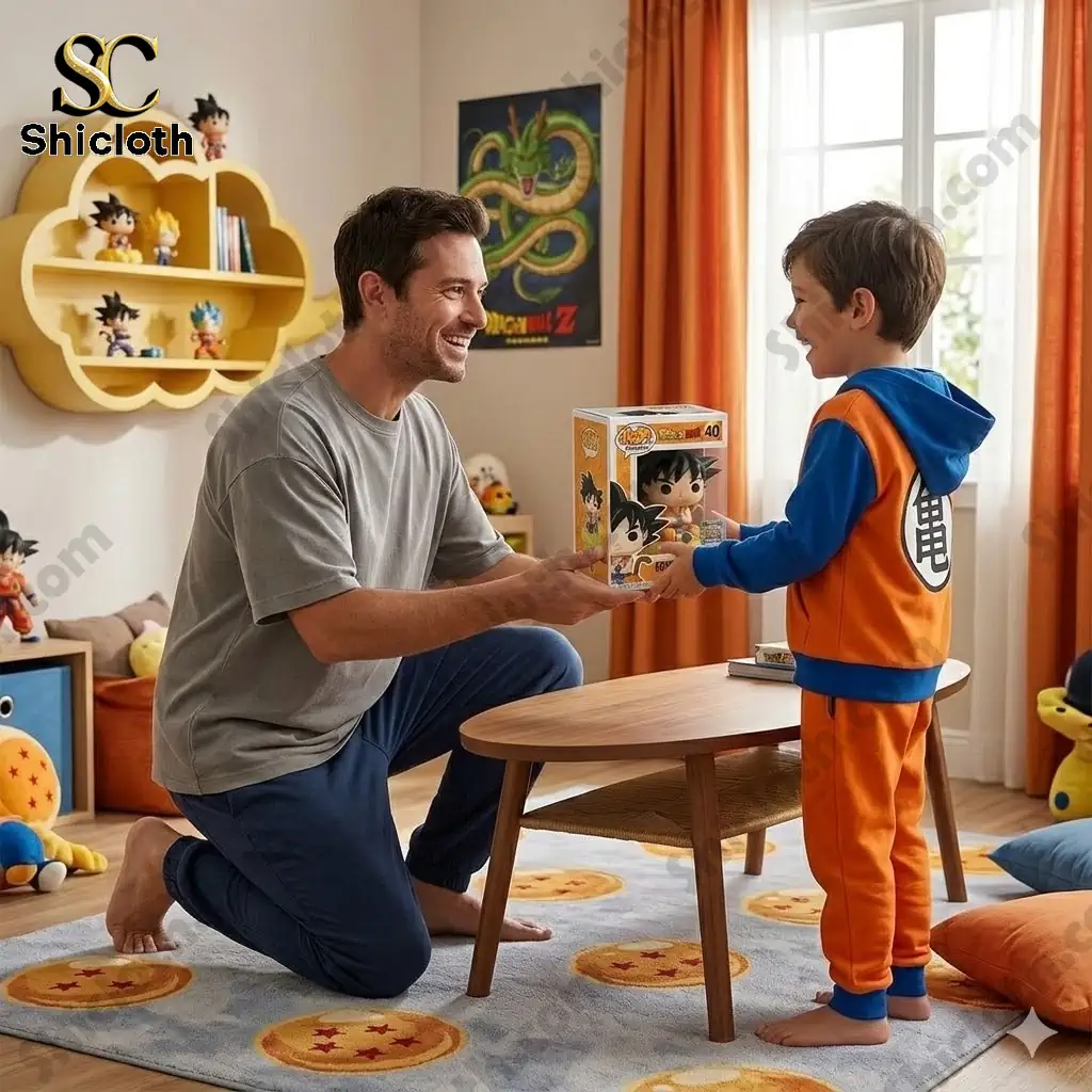 Father giving Goku On Nimbus 40th Anniversary figure box to his son in a Dragon Ball themed room by Shicloth!