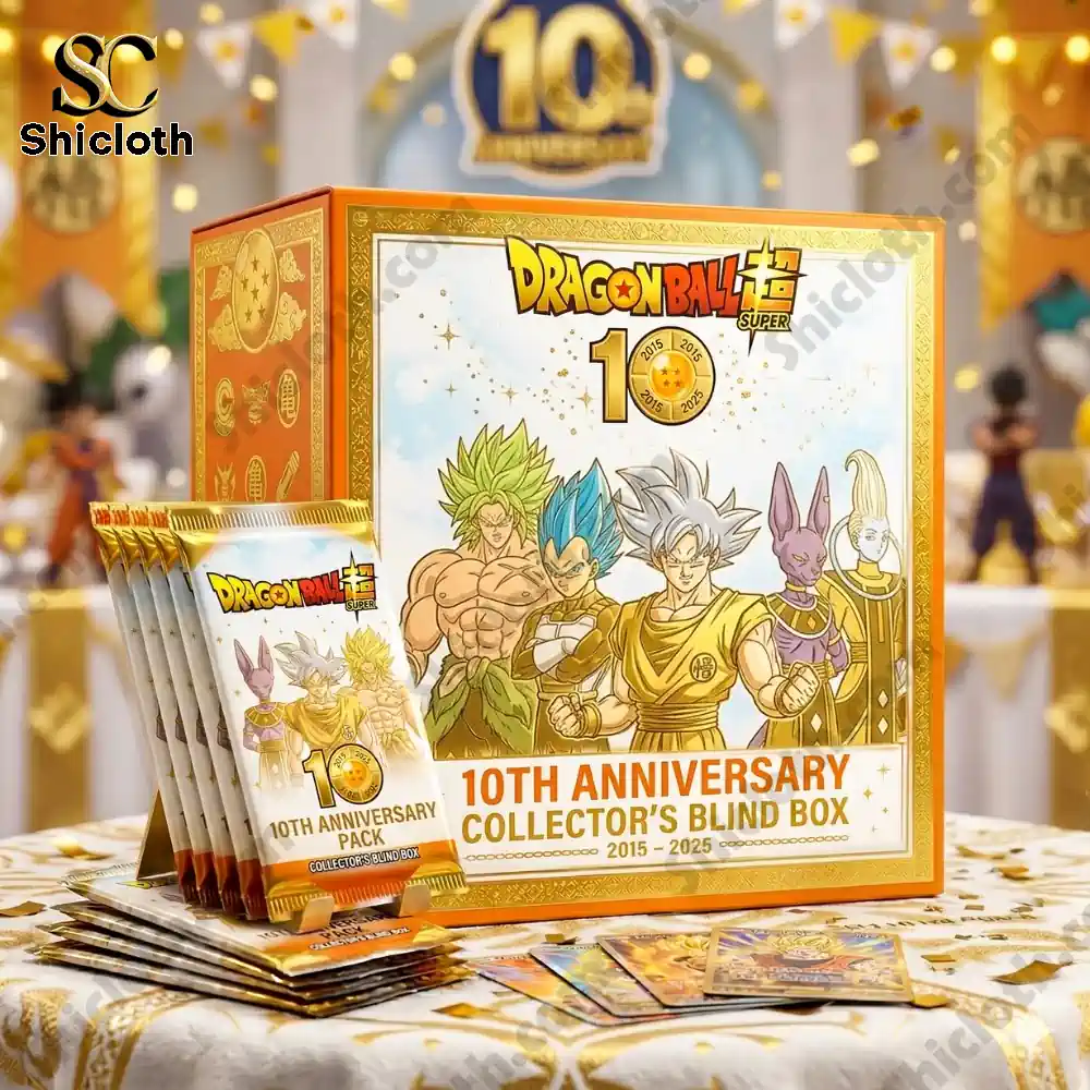Dragon Ball Super ten anniversary collector box with golden card packs on display