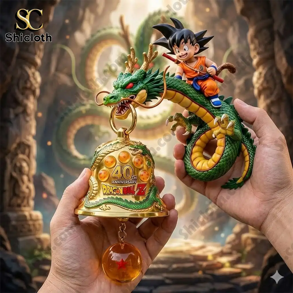 Dragon Ball Z Goku riding green dragon with forty anniversary golden wall bell in hand!