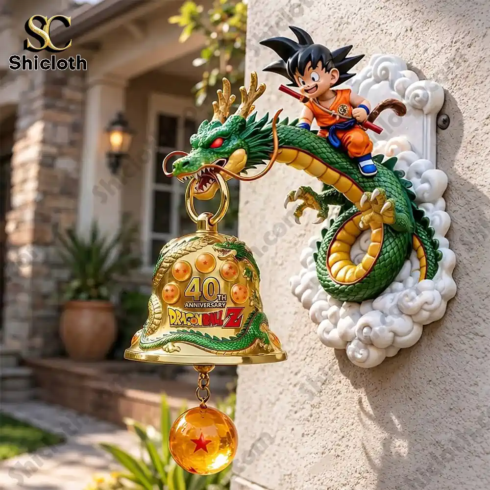 Dragon Ball Z Goku riding green dragon mounted wall bell outside house!