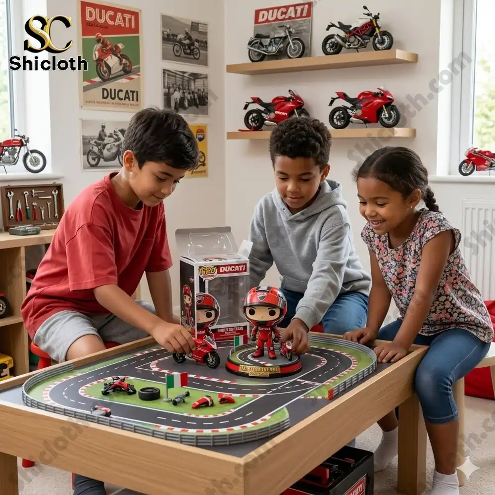 Kids playing with Ducati racer collector figure toy set from Shicloth!