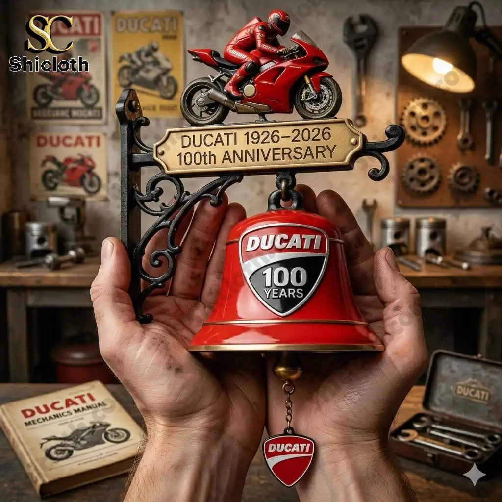 Ducati 100 years commemorative wall bell held in hands with workshop background