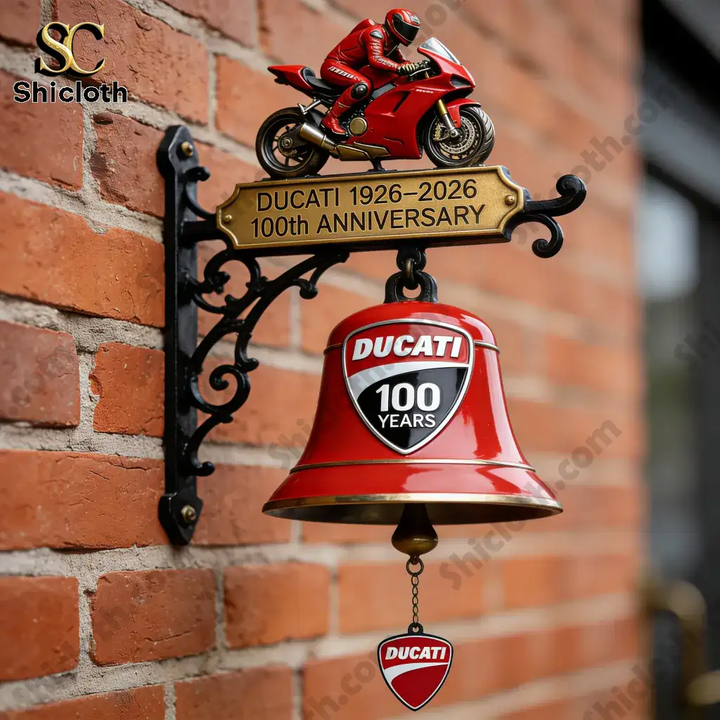 Ducati 100 years commemorative wall bell mounted on brick wall