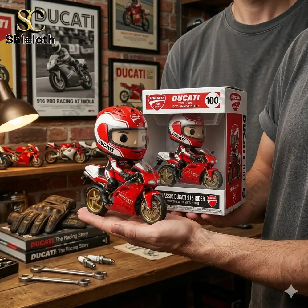 ducati rider toy figure on red motorcycle with box