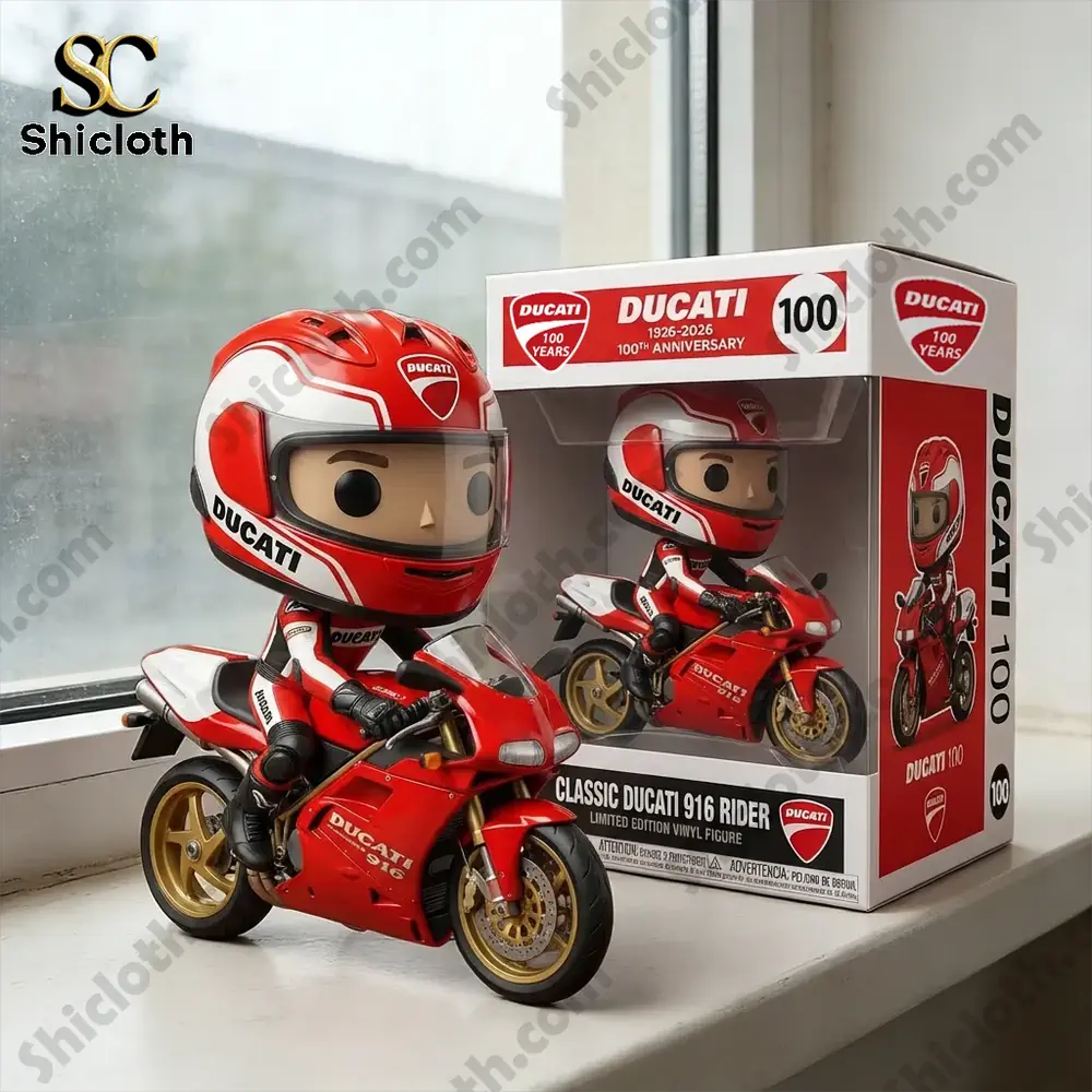ducati rider toy figure next to product box by window
