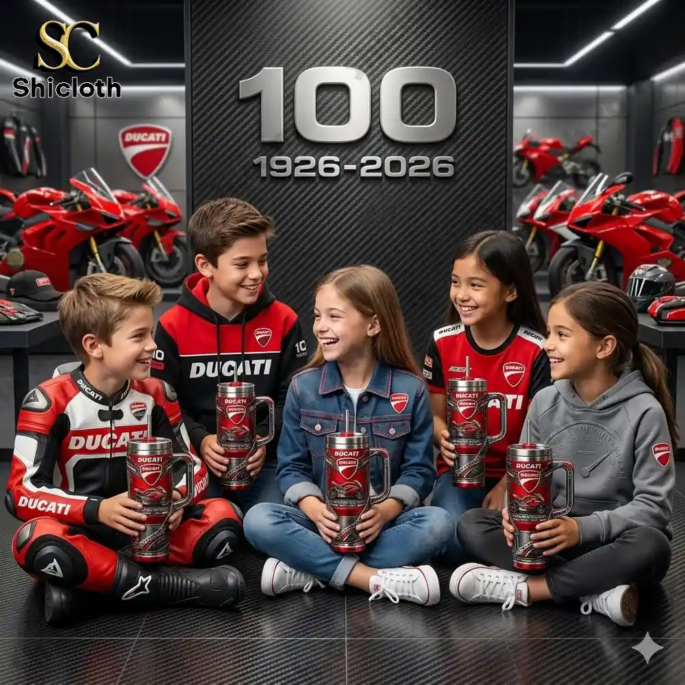 Children holding Ducati themed tumbler in motorcycle showroom