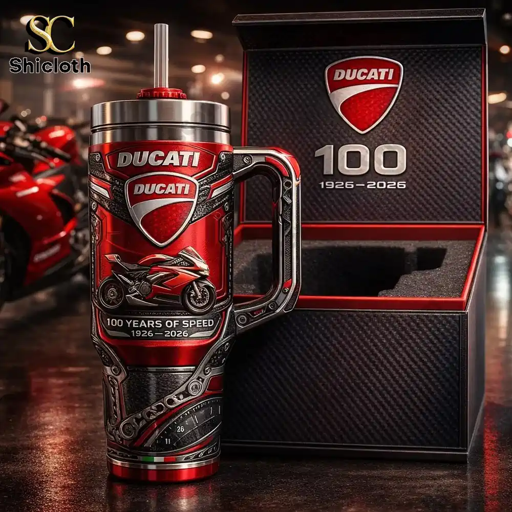 Close up of Ducati anniversary insulated tumbler with premium box