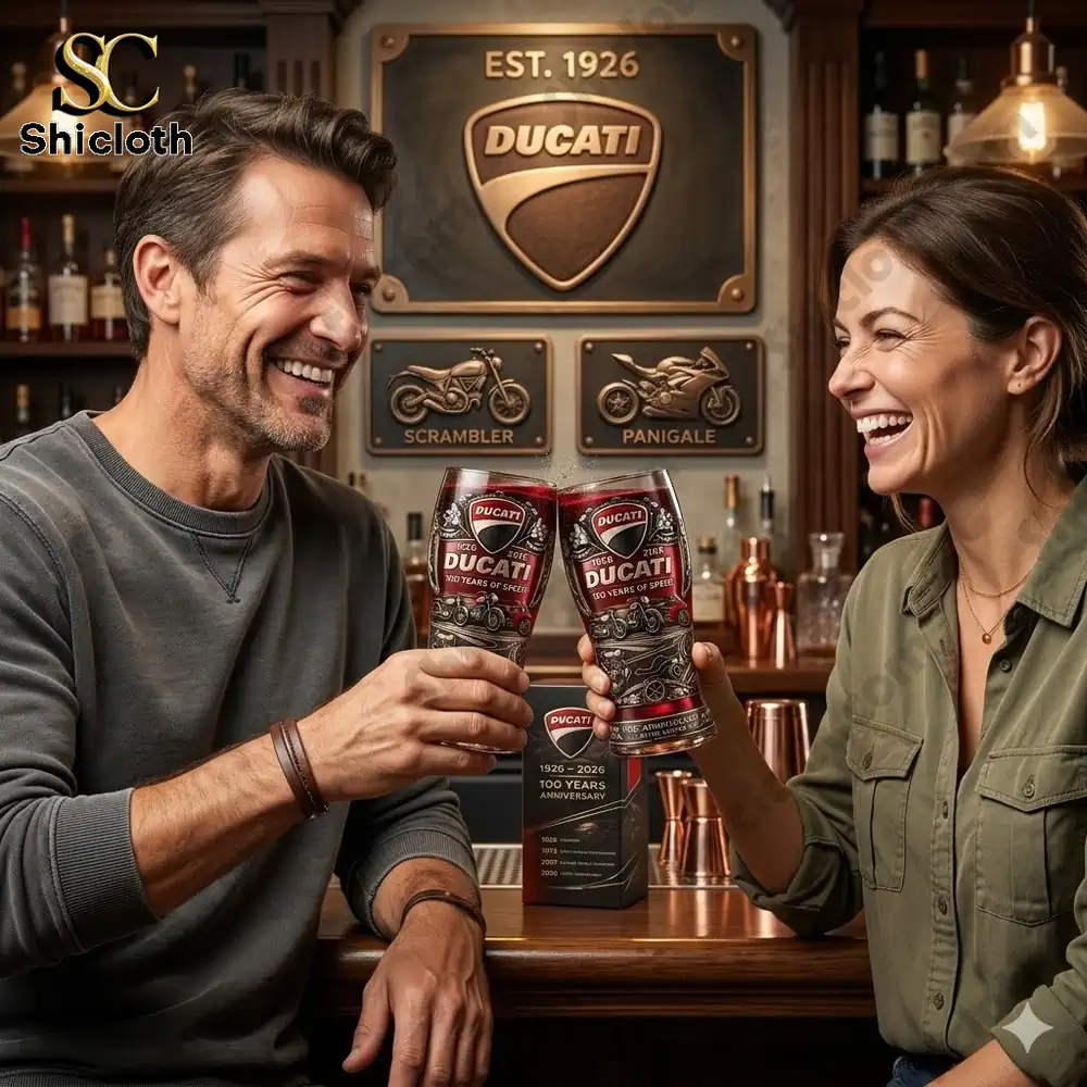 Couple celebrating with Ducati one hundred anniversary relief pint glasses in a stylish bar setting!