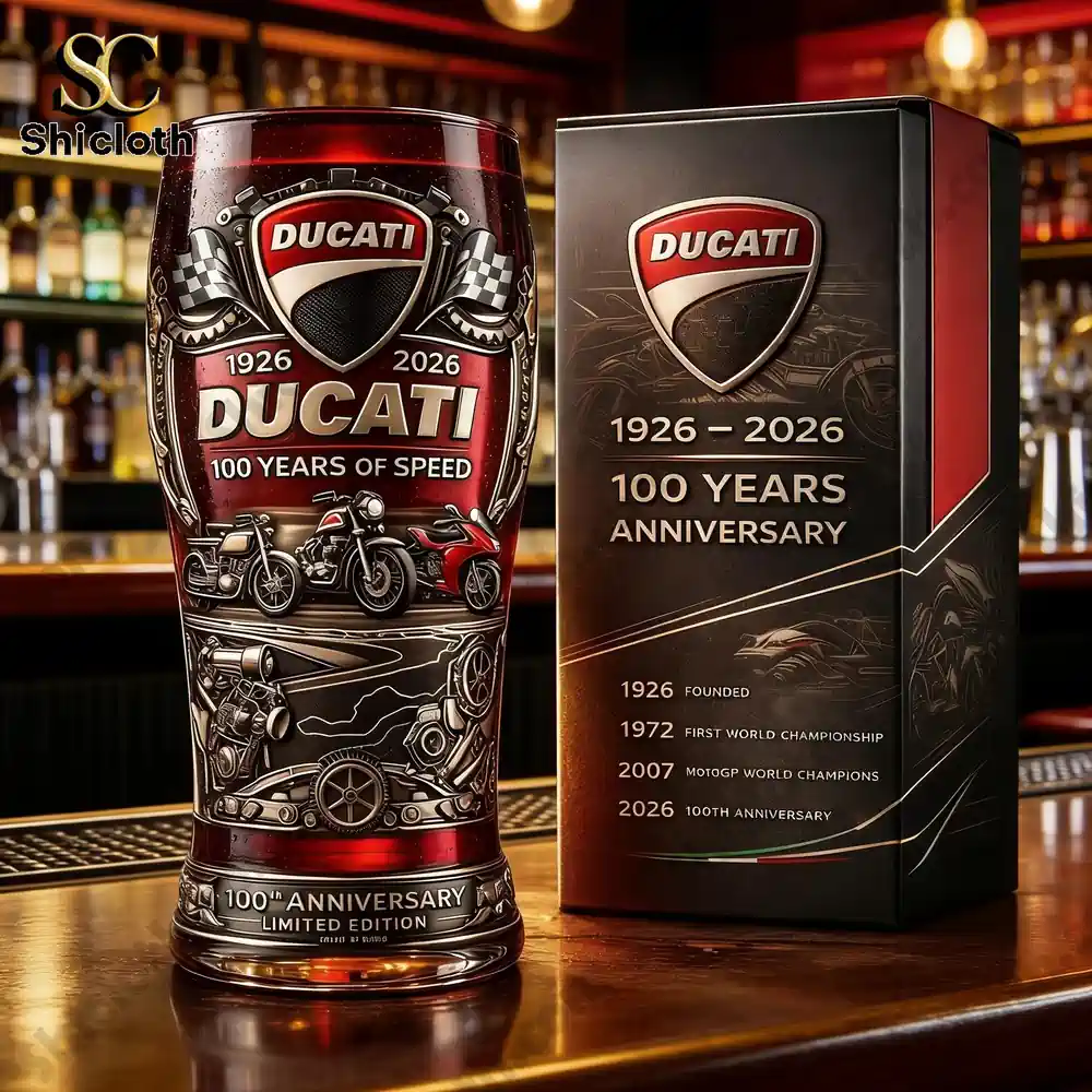 Ducati one hundred anniversary relief pint glass displayed with premium collector box!