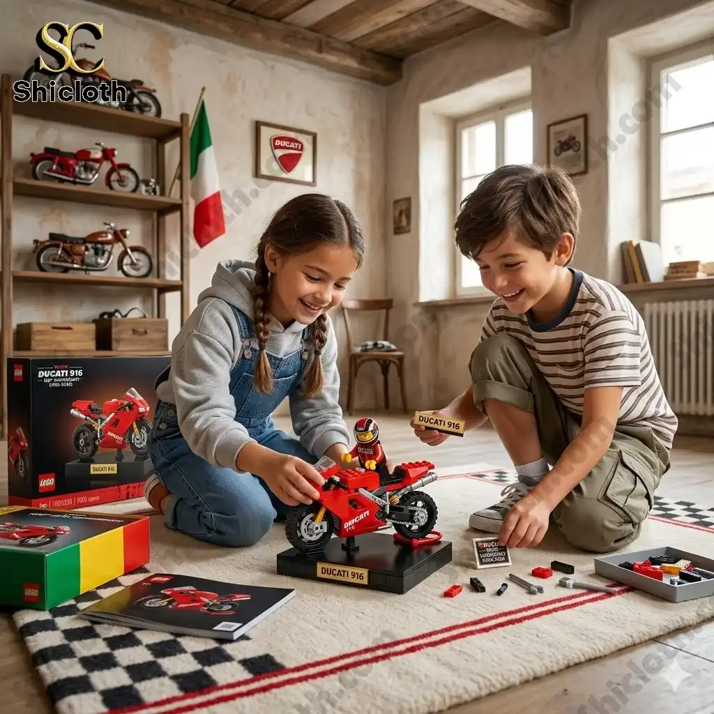 Two children building Ducati 916 Lego brick set on display stand in Italian themed room