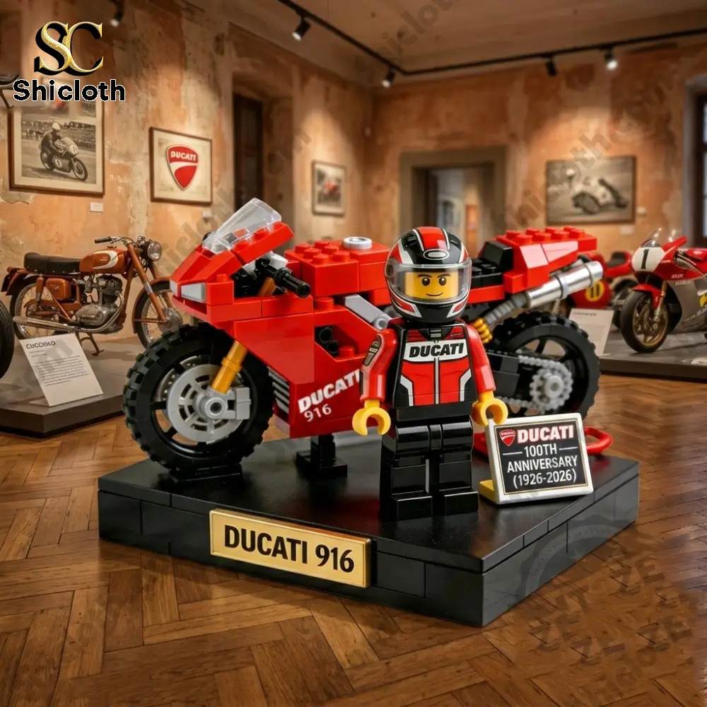 Ducati 916 Lego brick model with rider figure on anniversary display stand