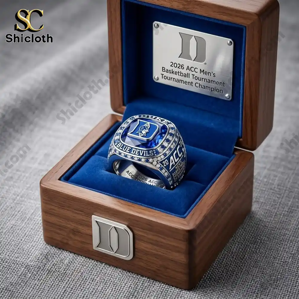 Duke championship ring displayed inside luxury wooden box