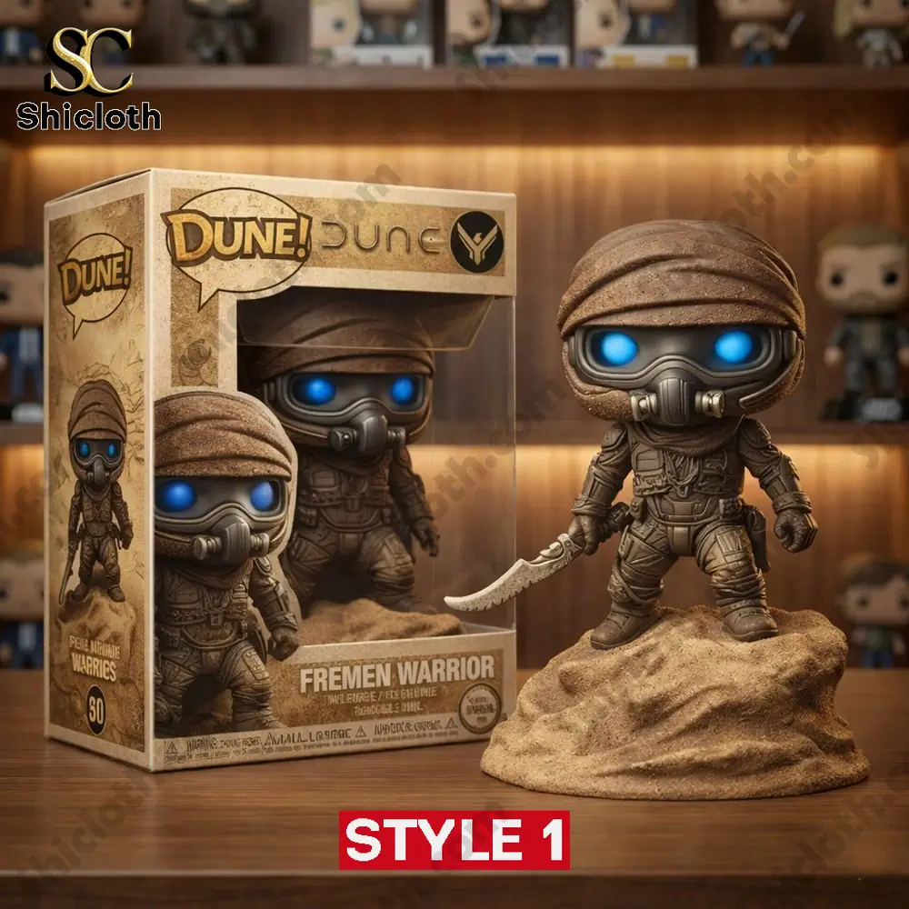 Cute desert warrior figure with blue eyes next to branded product box
